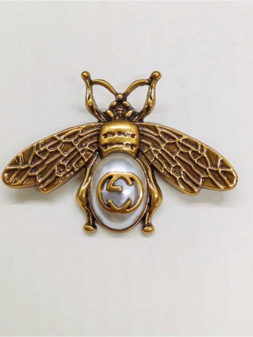 Gold-Tone Bee Pin With Pearl Logo Center